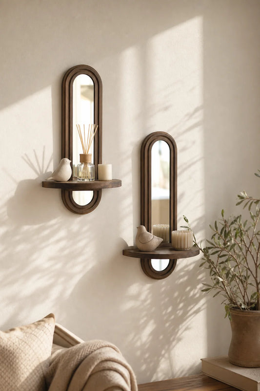 Miroir arche en bois avec étagère flottante – Esprit bohème