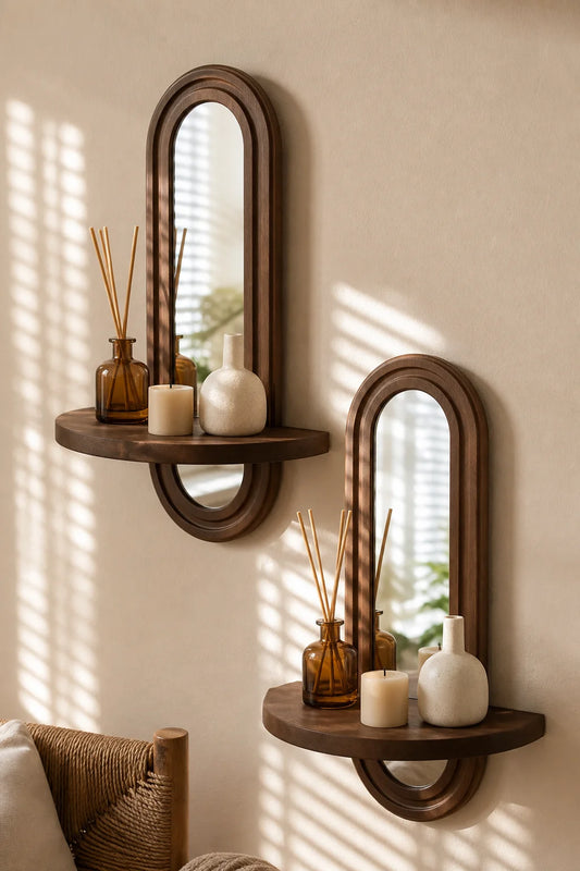 Miroir arche en bois avec étagère flottante